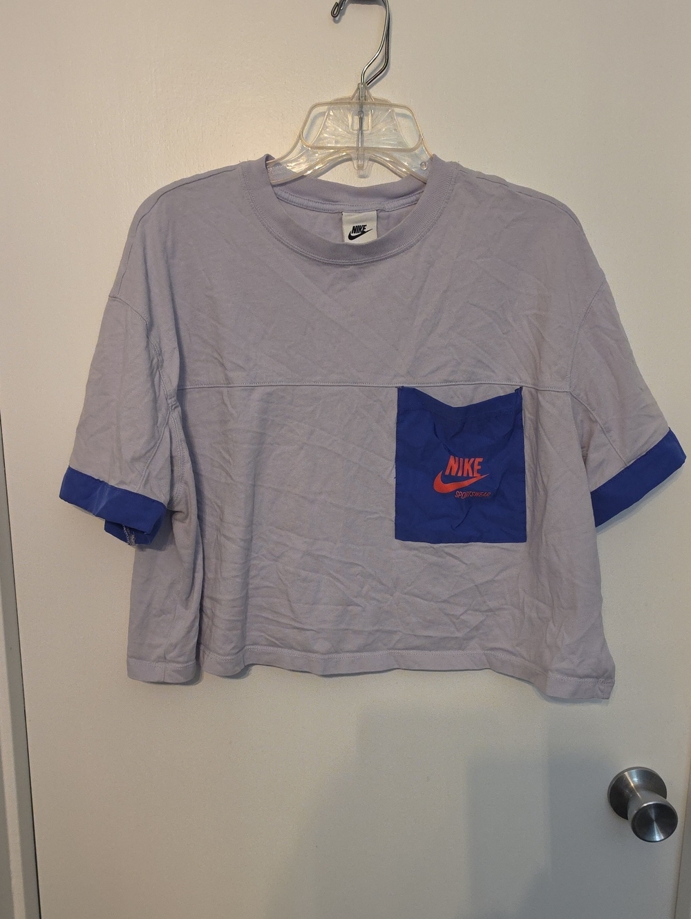 Nike Lavender Cropped Tee with Royal Blue Pocket and Trim